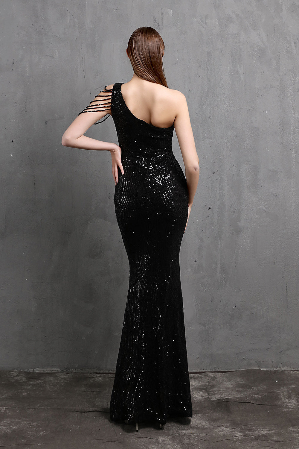 Fabulous One Shoulder Sequins Long Evening Dress with Mermaid Zipper Back-BallBride