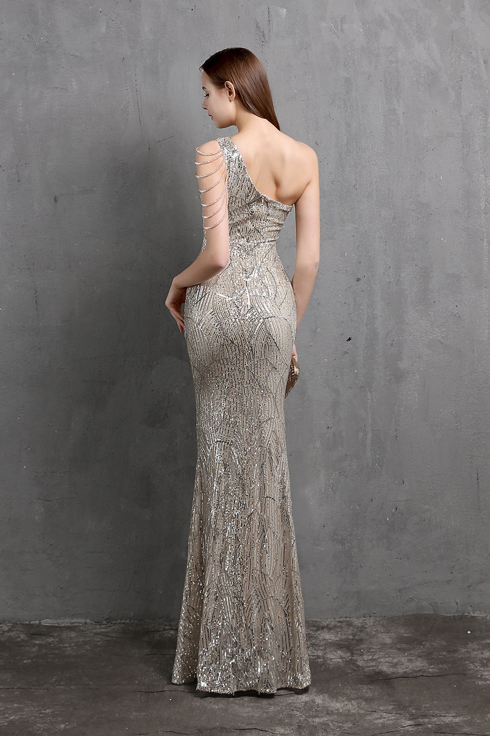 Fabulous One Shoulder Sequins Long Evening Dress with Mermaid Zipper Back-BallBride