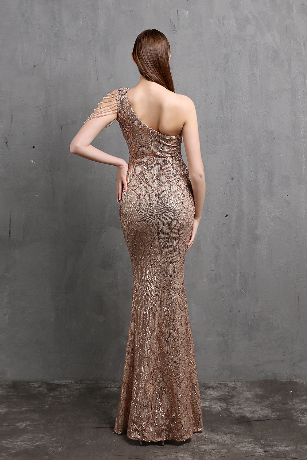 Fabulous One Shoulder Sequins Long Evening Dress with Mermaid Zipper Back-BallBride