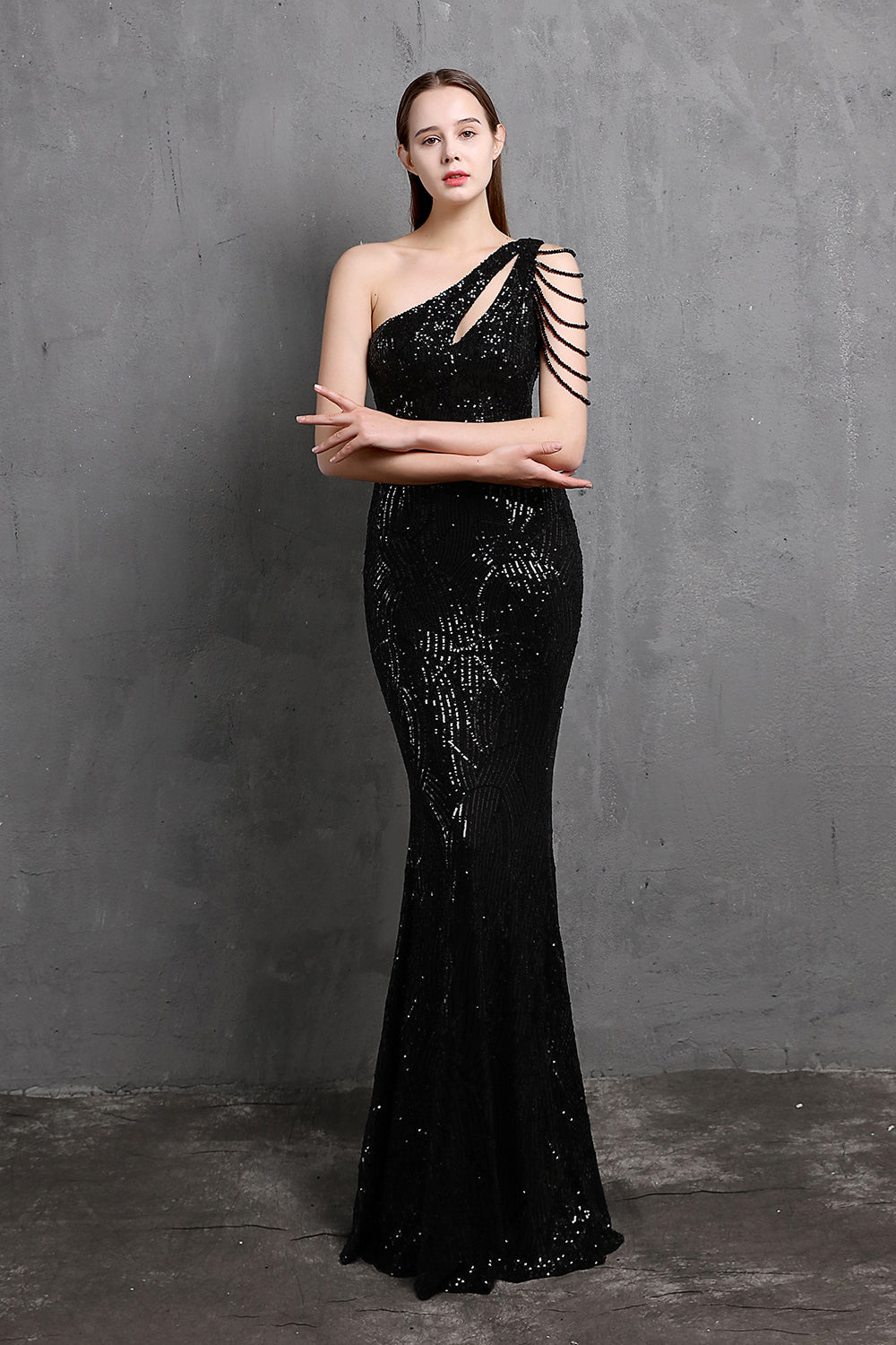 Fabulous One Shoulder Sequins Long Evening Dress with Mermaid Zipper Back-BallBride