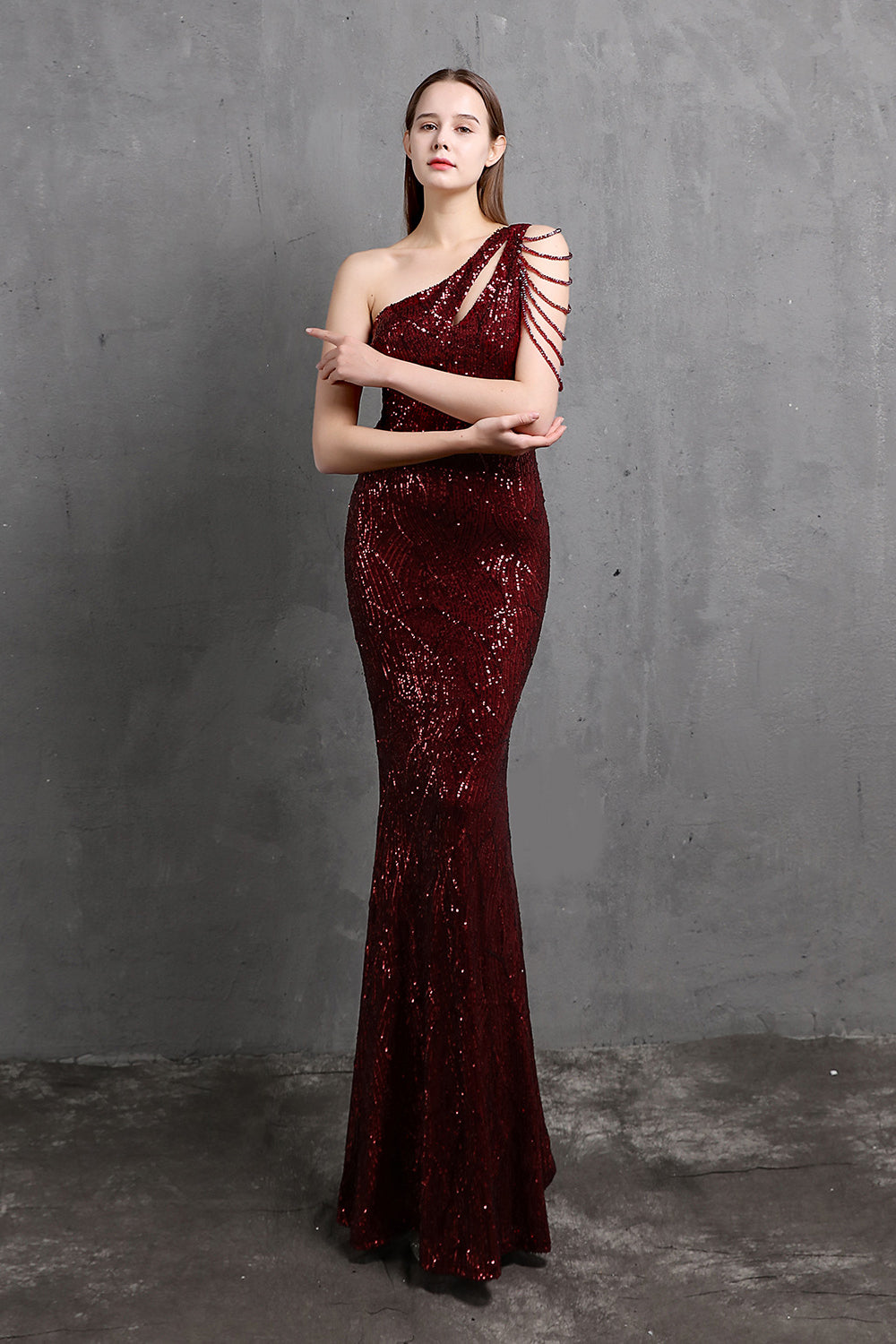 Fabulous One Shoulder Sequins Long Evening Dress with Mermaid Zipper Back-BallBride
