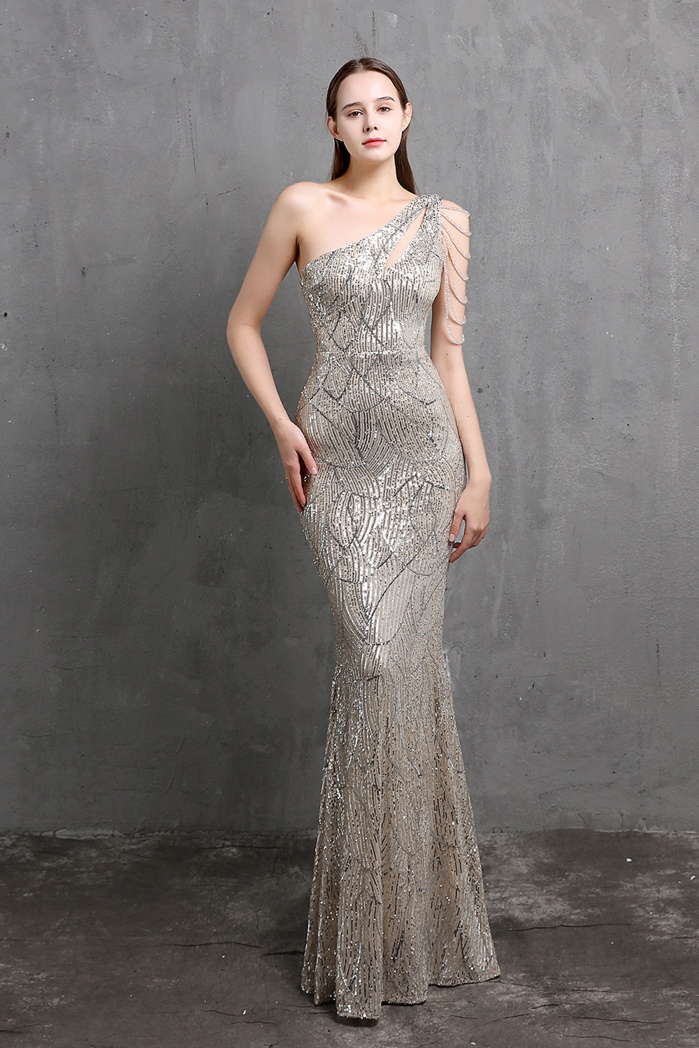 Fabulous One Shoulder Sequins Long Evening Dress with Mermaid Zipper Back-BallBride