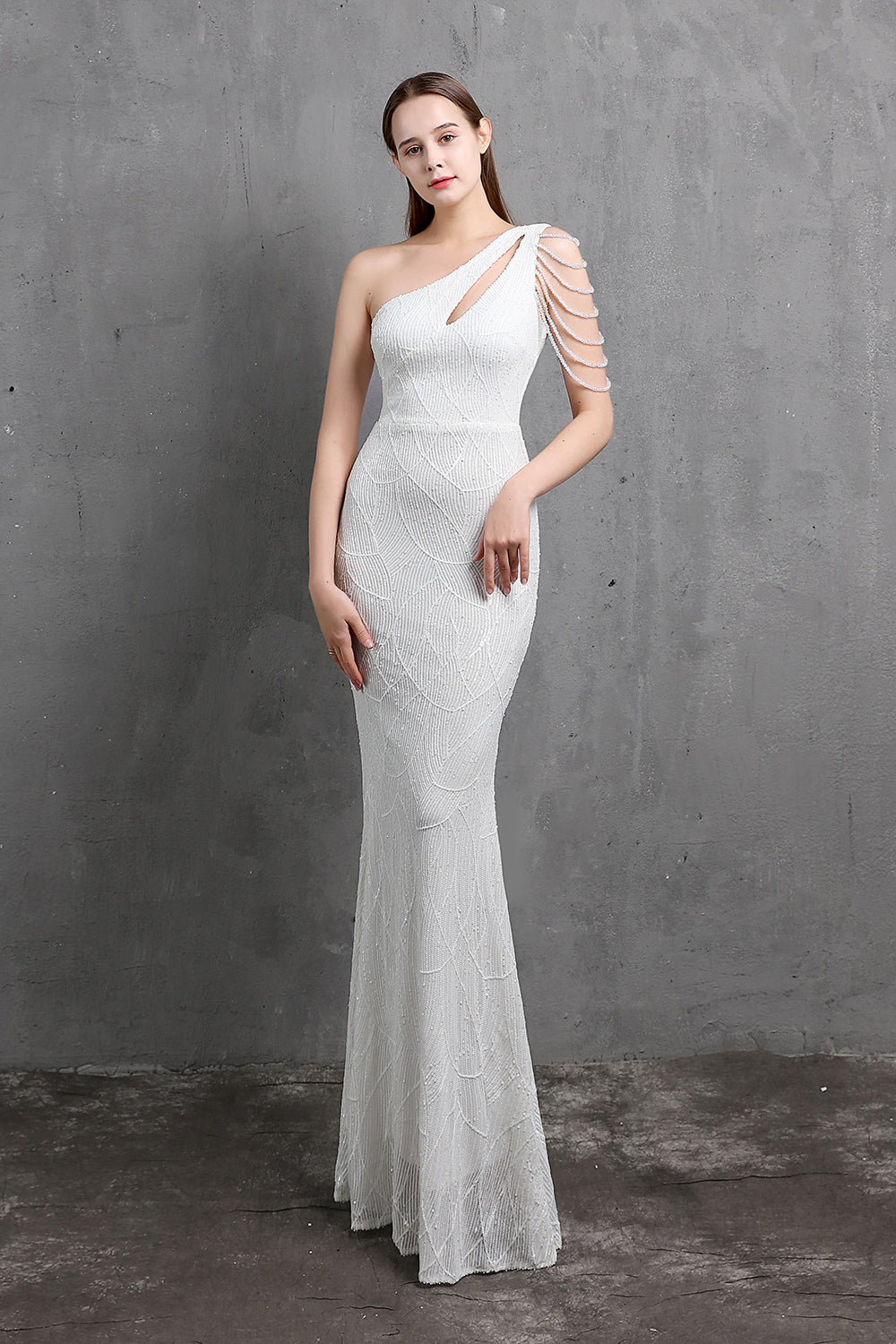 Fabulous One Shoulder Sequins Long Evening Dress with Mermaid Zipper Back-BallBride