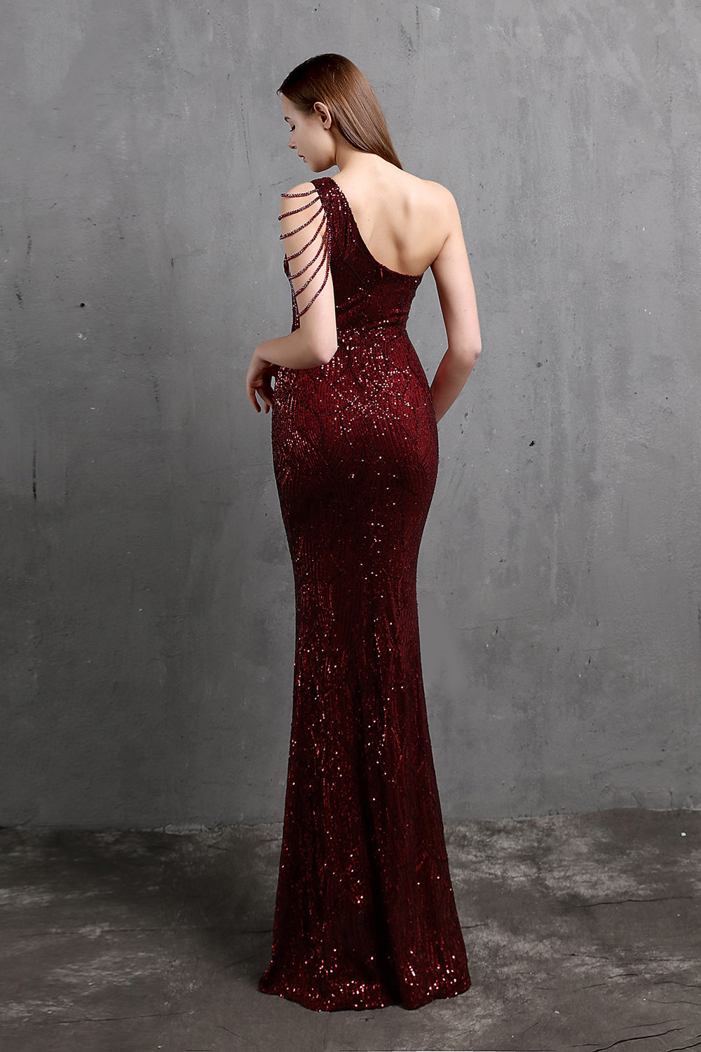 Fabulous One Shoulder Sequins Long Evening Dress with Mermaid Zipper Back-BallBride