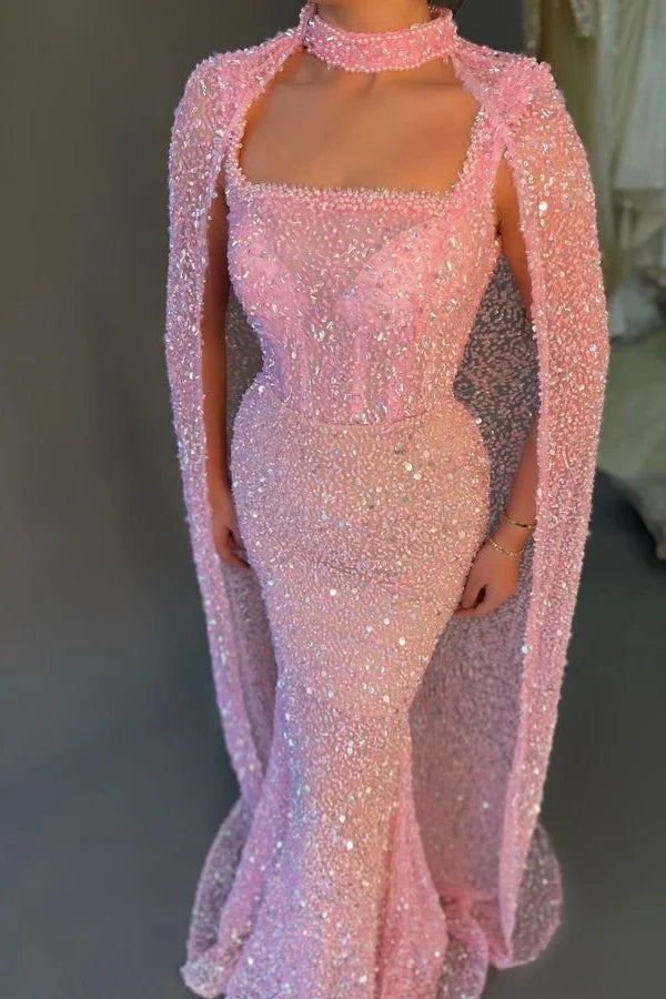 Fabulous Pink Sequins Evening Dress Mermaid Square With Cape-BallBride