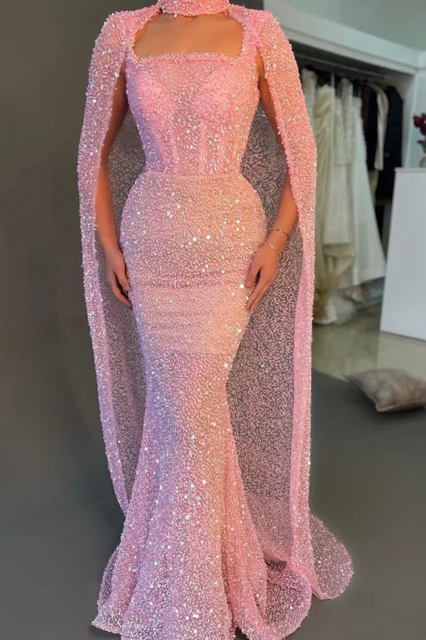 Fabulous Pink Sequins Evening Dress Mermaid Square With Cape-BallBride