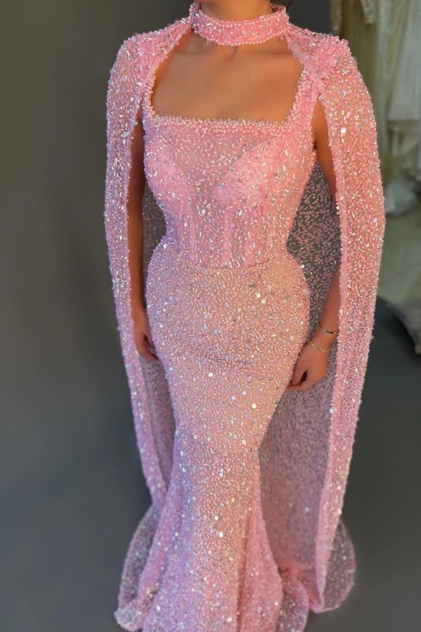 Fabulous Pink Sequins Evening Dress with Mermaid Square Cape-BallBride
