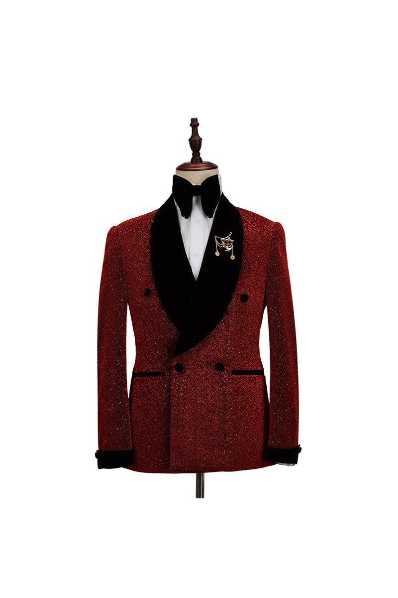 Fabulous Red Double Breasted Wedding Suit for Men's Party with Black Shawl Lapel-BallBride