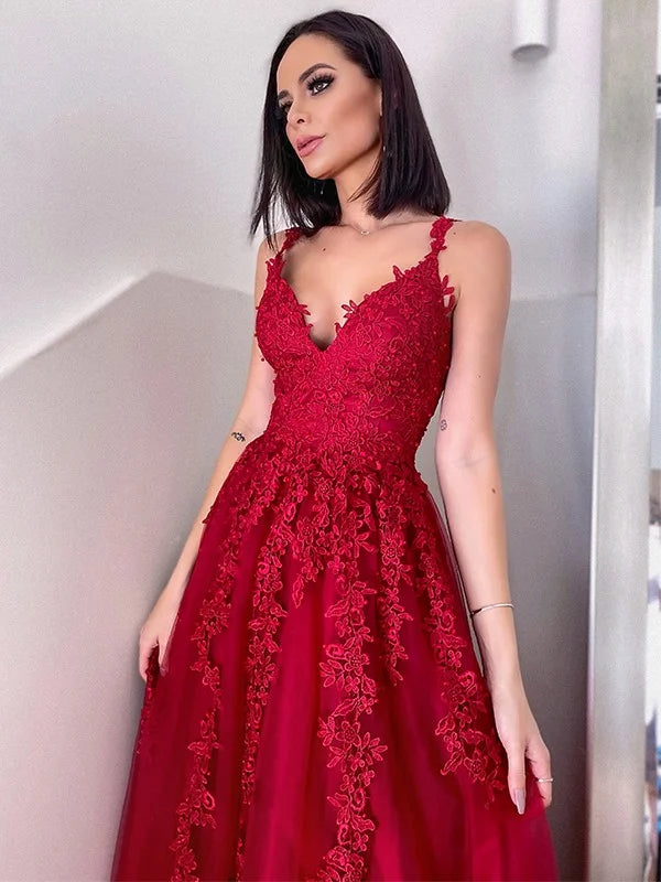 Fabulous Red Sleeveless V-Neck Lace Appliques Evening Dress-BallBride