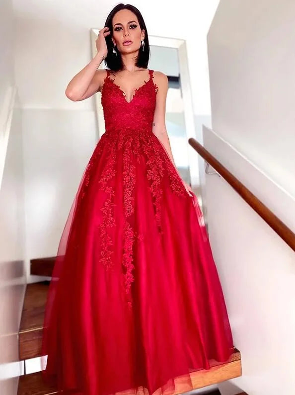 Fabulous Red Sleeveless V-Neck Lace Appliques Evening Dress-BallBride