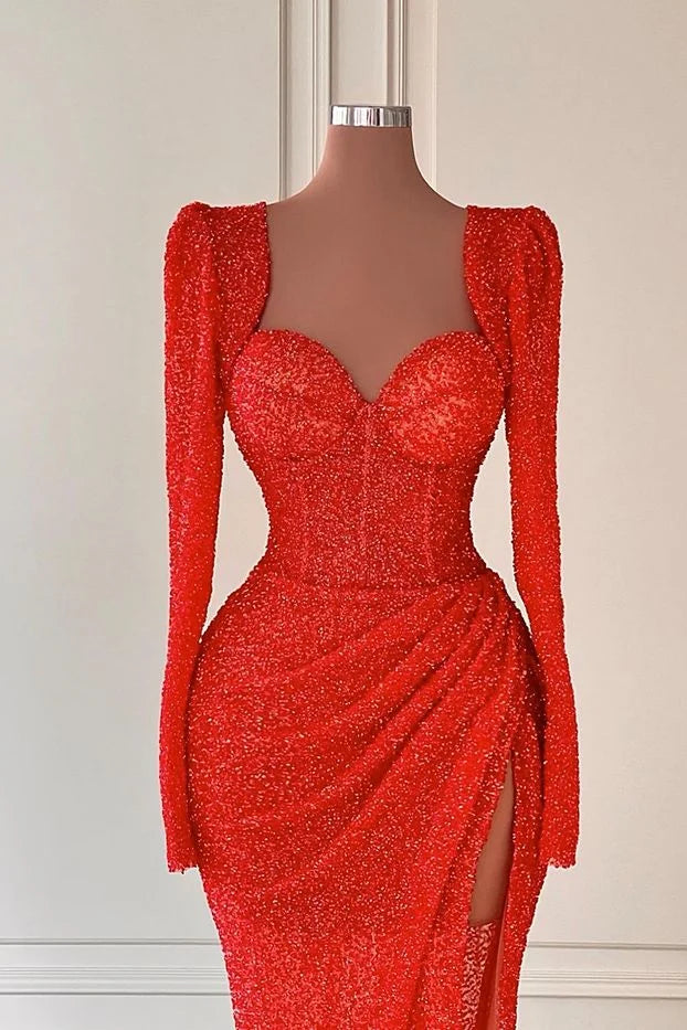 Fabulous Red Sweetheart Long Sleeves Mermaid Evening Dress Sequins With Slit-BallBride