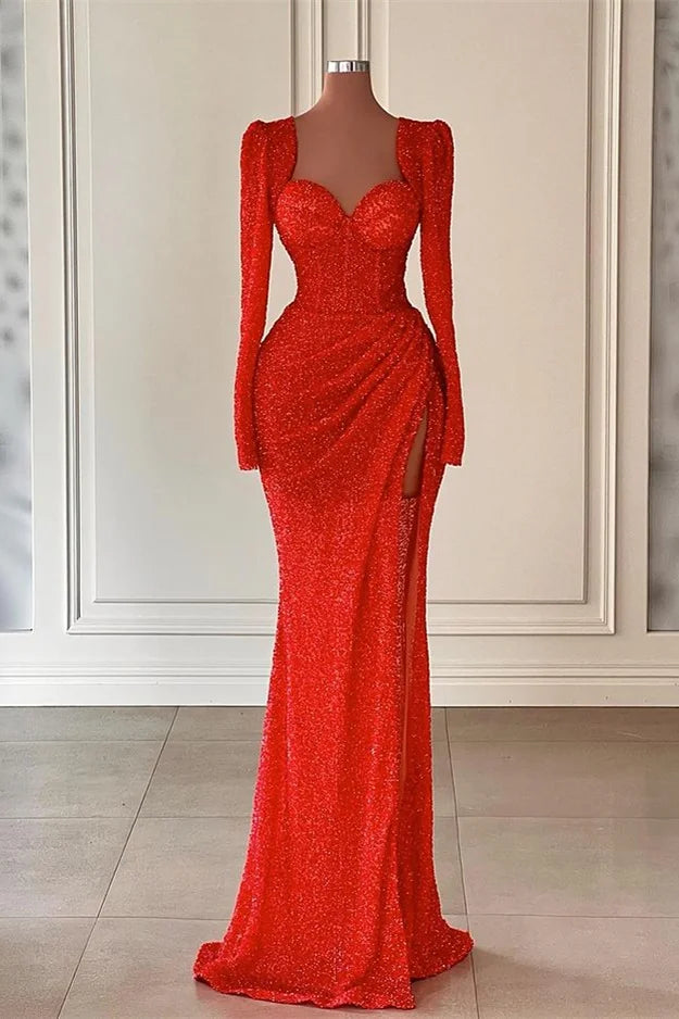 Fabulous Red Sweetheart Long Sleeves Mermaid Evening Dress Sequins With Slit-BallBride