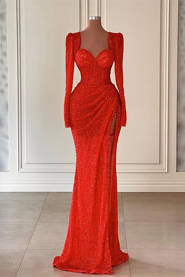Fabulous Red Sweetheart Long Sleeves Mermaid Evening Dress with Sequins and Slit-BallBride