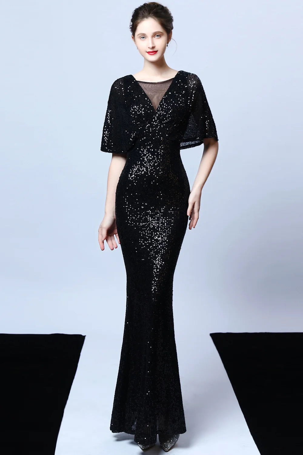Fabulous Sequins Ruffles Sleeves Evening Dress Mermaid Long Cheap Party Gowns-BallBride