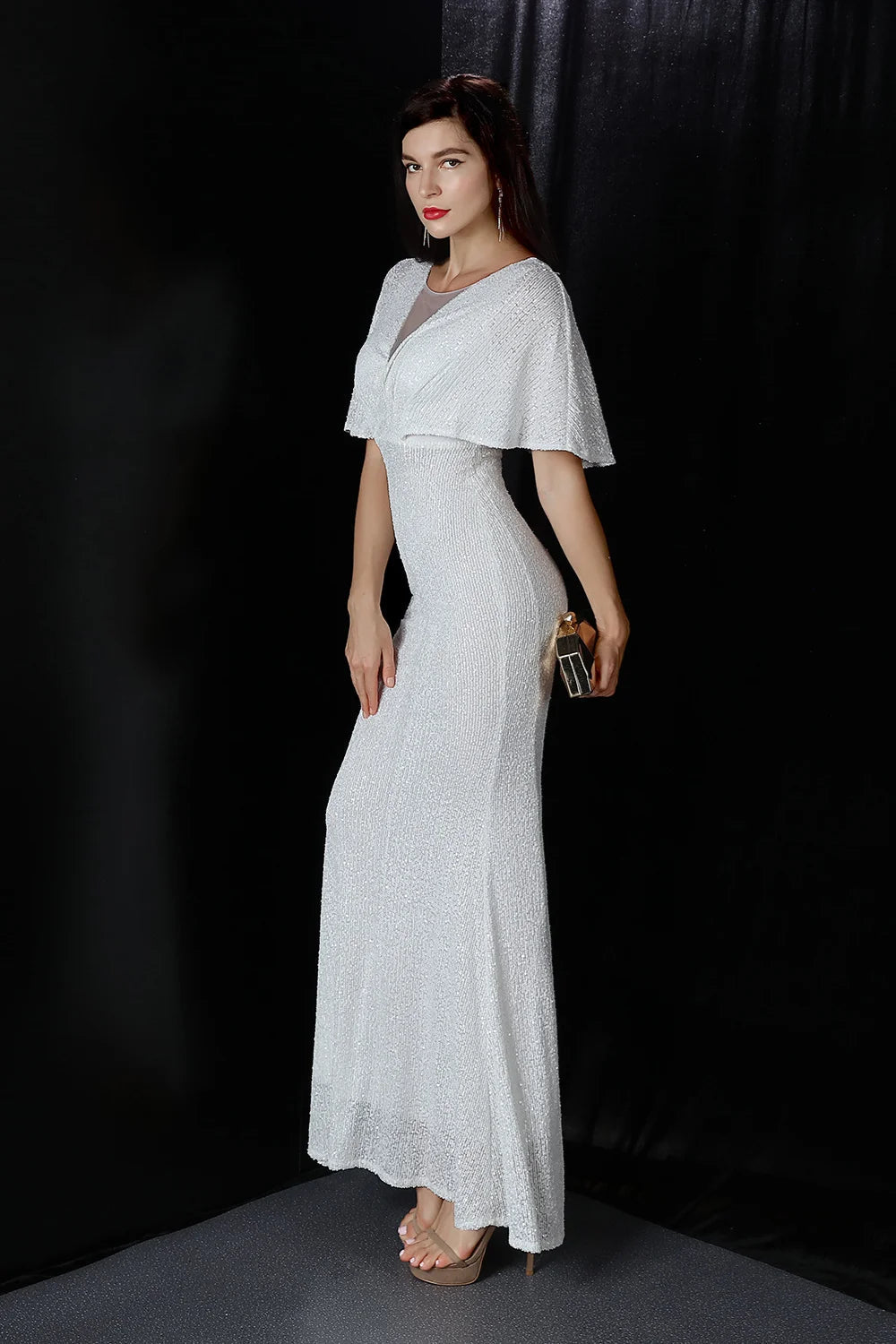 Fabulous Sequins Ruffles Sleeves Evening Dress Mermaid Long Cheap Party Gowns-BallBride