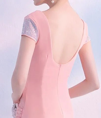 Fabulous Short Sleeves Beads Evening Dress Mermaid V-Neck With Slit-BallBride