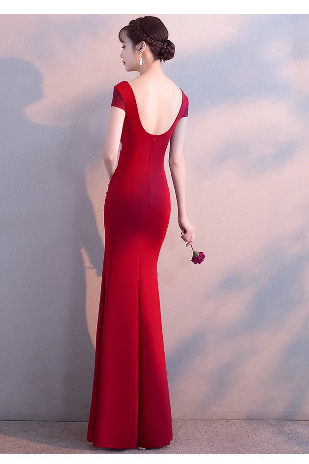 Fabulous Short Sleeves Beads Evening Dress Mermaid V-Neck With Slit-BallBride