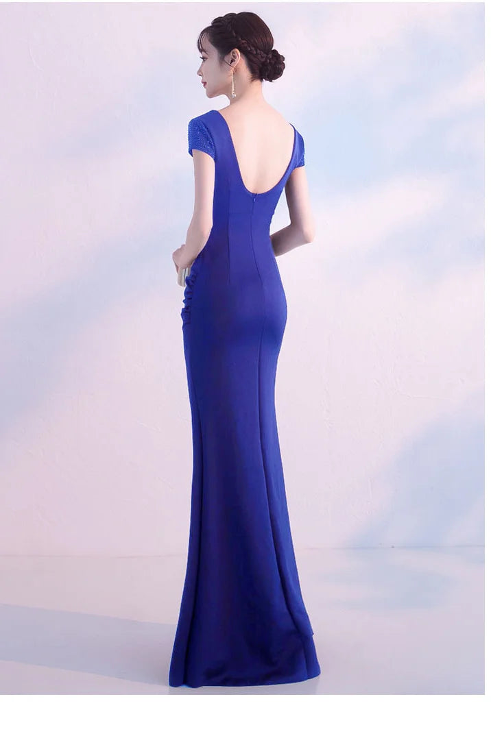 Fabulous Short Sleeves Beads Evening Dress Mermaid V-Neck With Slit-BallBride