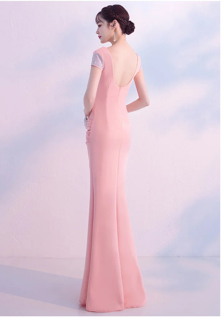 Fabulous Short Sleeves Beads Evening Dress Mermaid V-Neck With Slit-BallBride