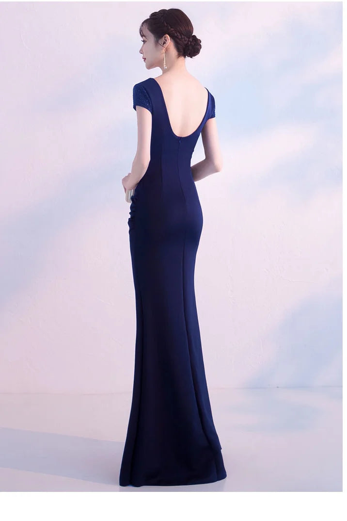 Fabulous Short Sleeves Beads Evening Dress Mermaid V-Neck With Slit-BallBride