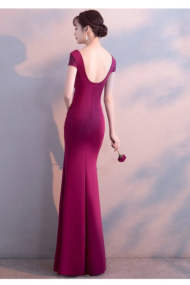 Fabulous Short Sleeves Beads Evening Dress Mermaid V-Neck With Slit-BallBride