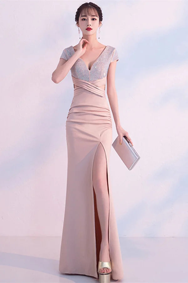 Fabulous Short Sleeves Beads Evening Dress Mermaid V-Neck With Slit-BallBride
