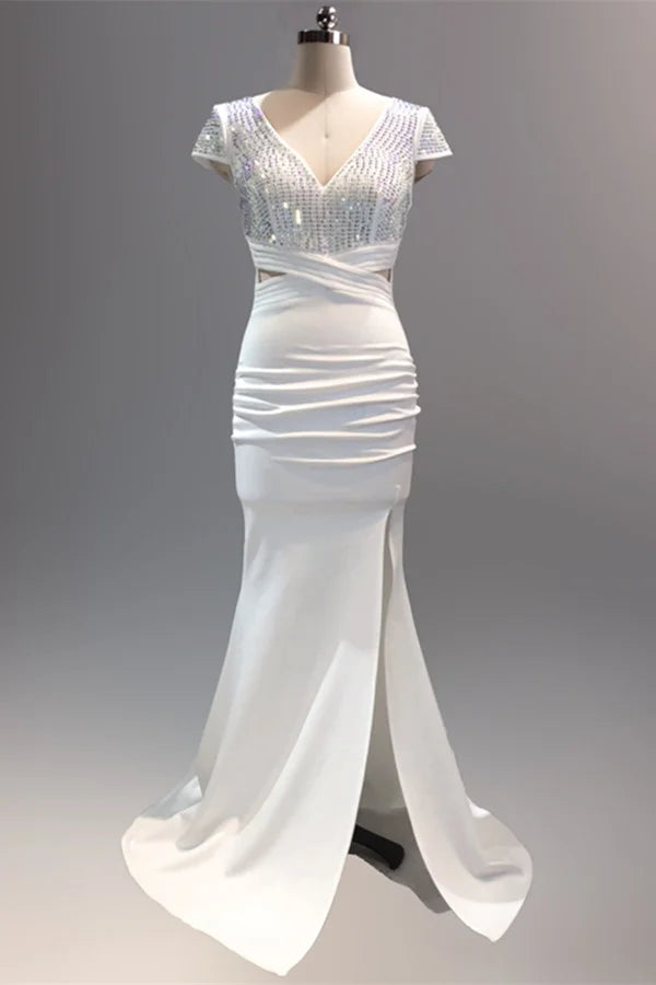 Fabulous Short Sleeves Beads Evening Dress Mermaid V-Neck With Slit-BallBride