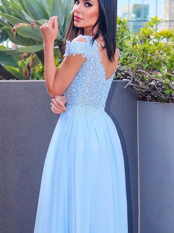 Fabulous Sky Blue Long Evening Dress with Cap Sleeves and Slit Appliques-BallBride