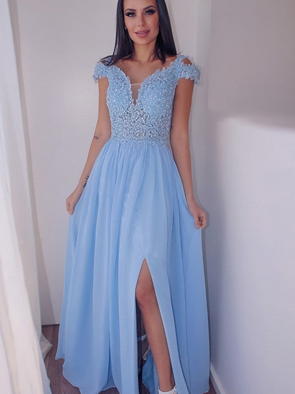 Fabulous Sky Blue Long Evening Dress with Cap Sleeves and Slit Appliques-BallBride