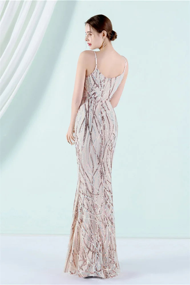 Fabulous Spaghetti-Straps V-Neck Sequins Evening Dress Mermaid Long-BallBride