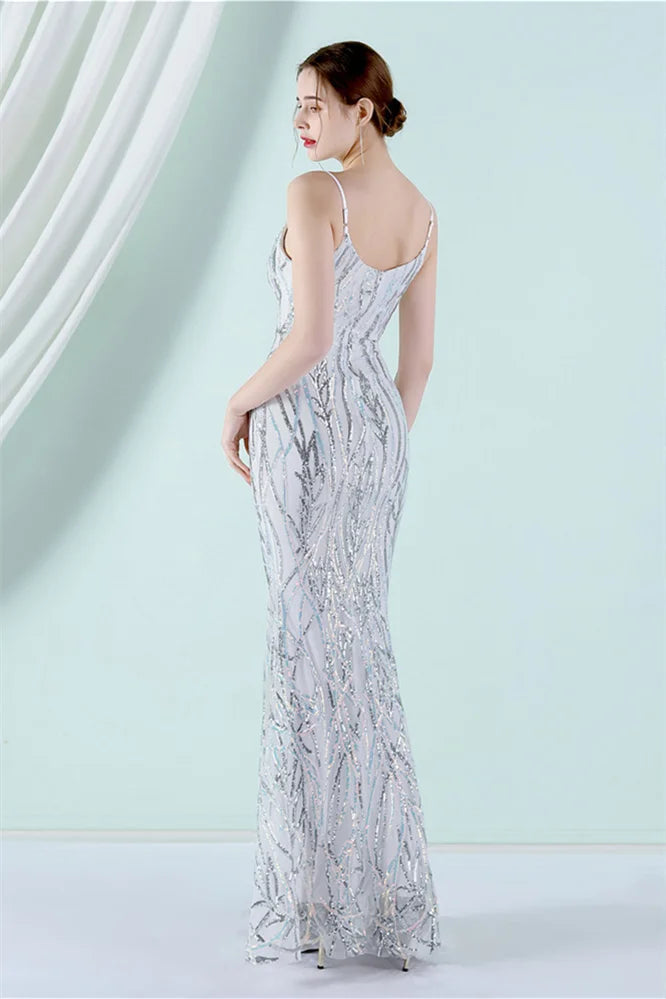 Fabulous Spaghetti-Straps V-Neck Sequins Evening Dress Mermaid Long-BallBride