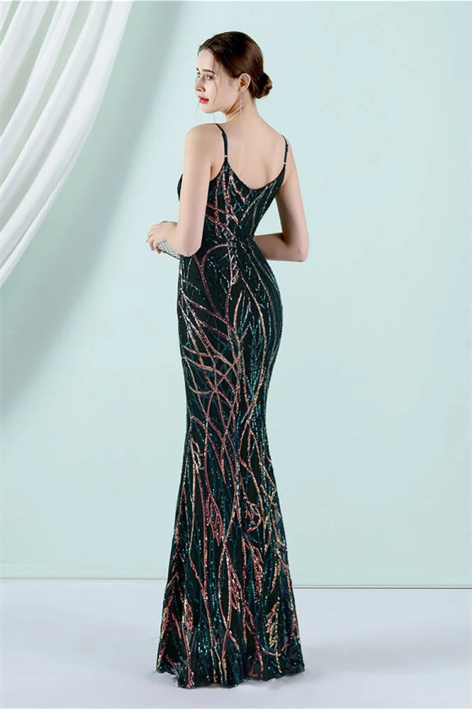 Fabulous Spaghetti-Straps V-Neck Sequins Evening Dress Mermaid Long-BallBride