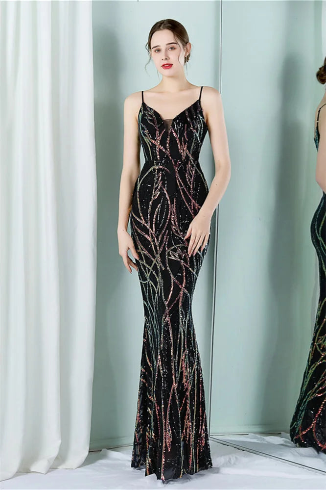 Fabulous Spaghetti-Straps V-Neck Sequins Evening Dress Mermaid Long-BallBride
