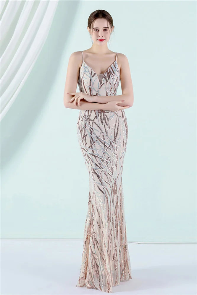 Fabulous Spaghetti-Straps V-Neck Sequins Evening Dress Mermaid Long-BallBride