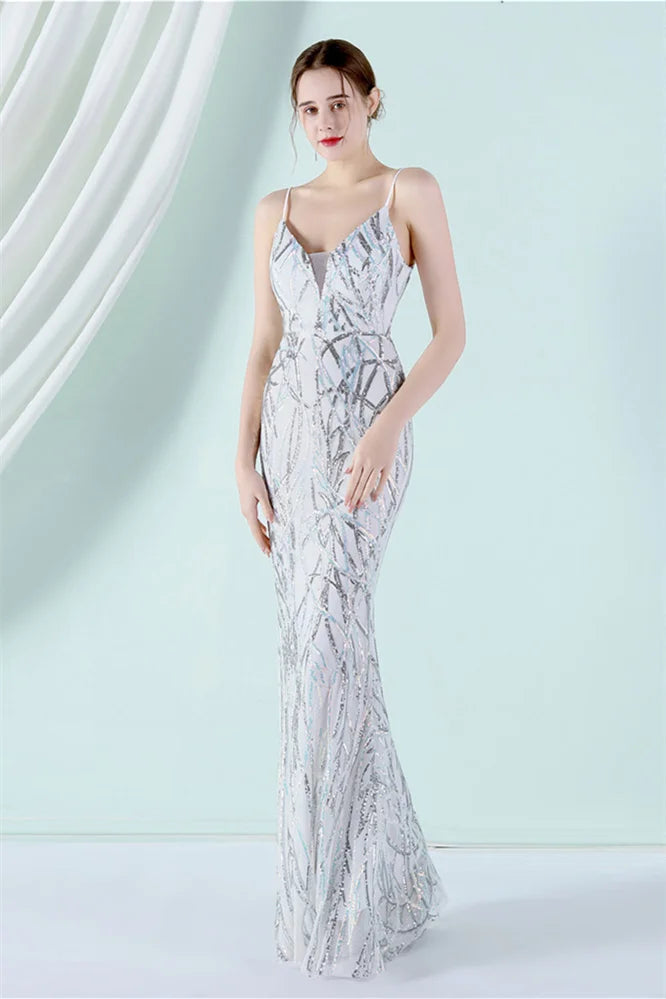 Fabulous Spaghetti-Straps V-Neck Sequins Evening Dress Mermaid Long-BallBride