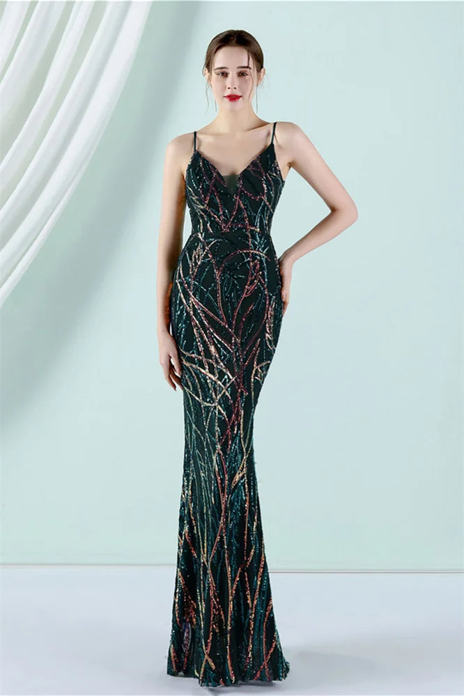 Fabulous Spaghetti-Straps V-Neck Sequins Evening Dress Mermaid Long-BallBride
