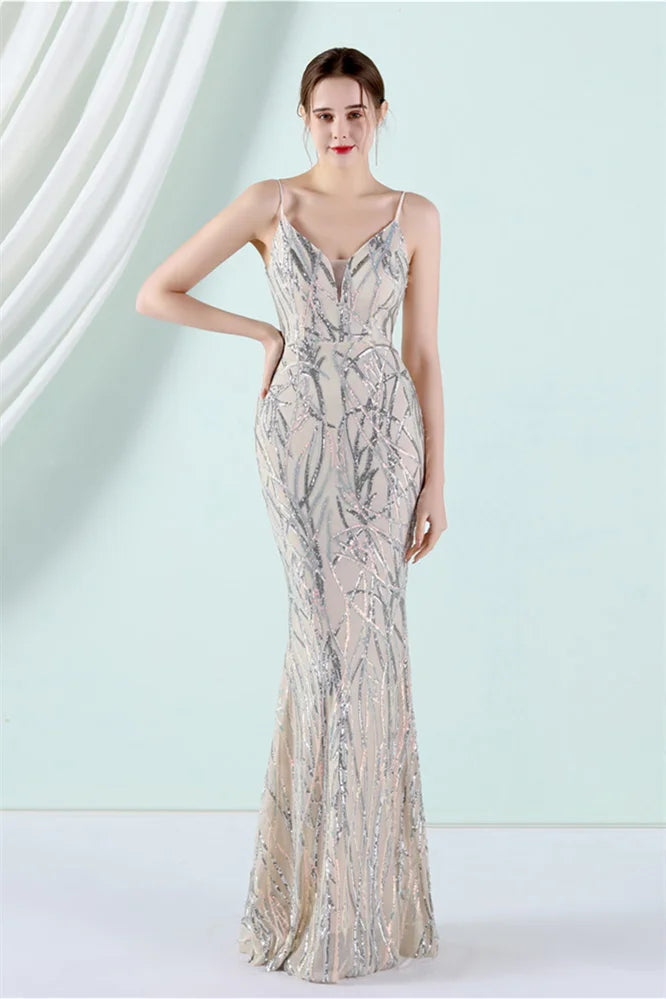 Fabulous Spaghetti-Straps V-Neck Sequins Evening Dress Mermaid Long-BallBride