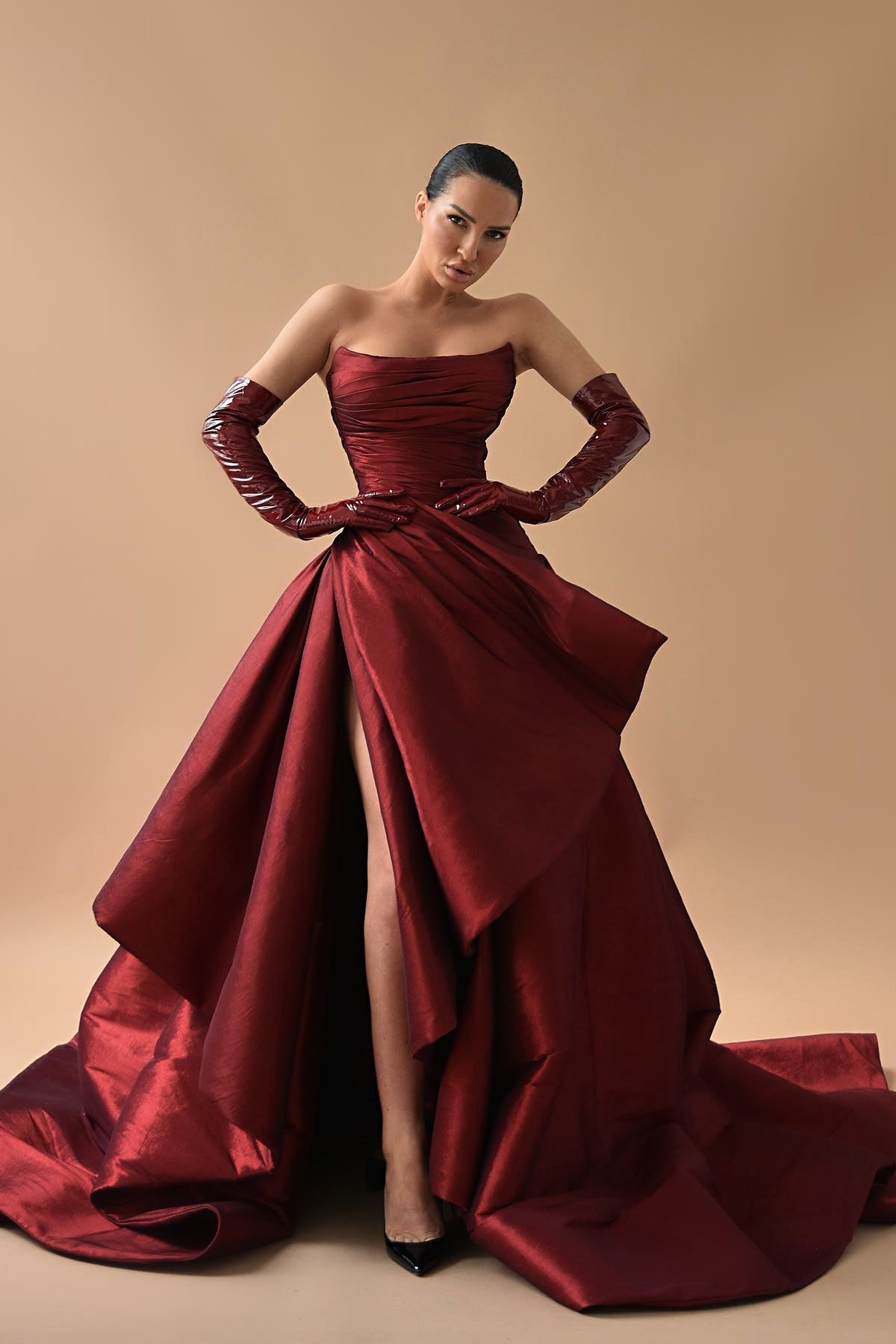 Fabulous Strapless Burgundy Prom Dress with Pleats and High Split Long-BallBride