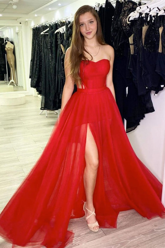 Fabulous Sweetheart Red Prom Dress with Split Tulle-BallBride