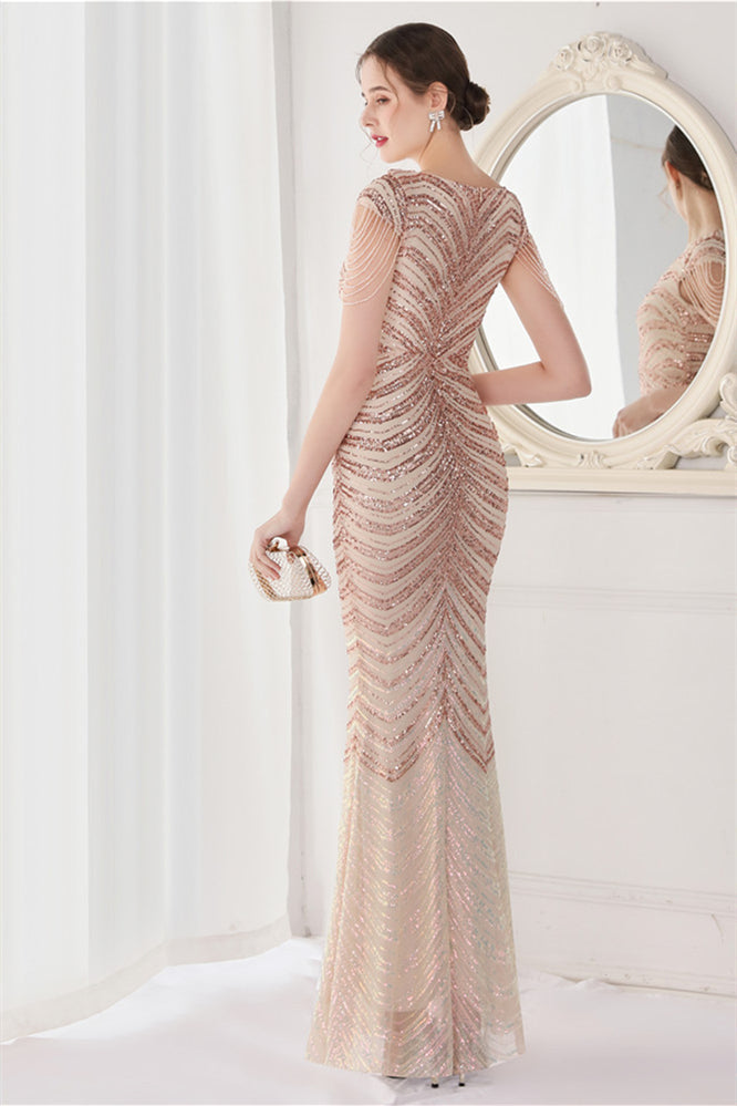 Fabulous V-Neck Evening Dress with Cap Sleeves and Mermaid Sequins Online-BallBride