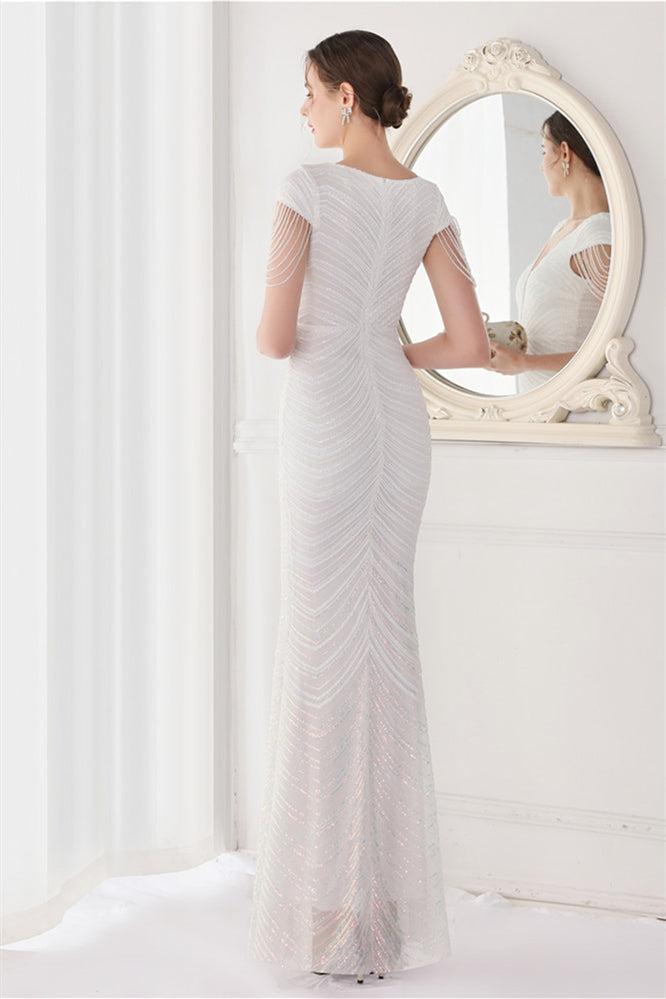 Fabulous V-Neck Evening Dress with Cap Sleeves and Mermaid Sequins Online-BallBride