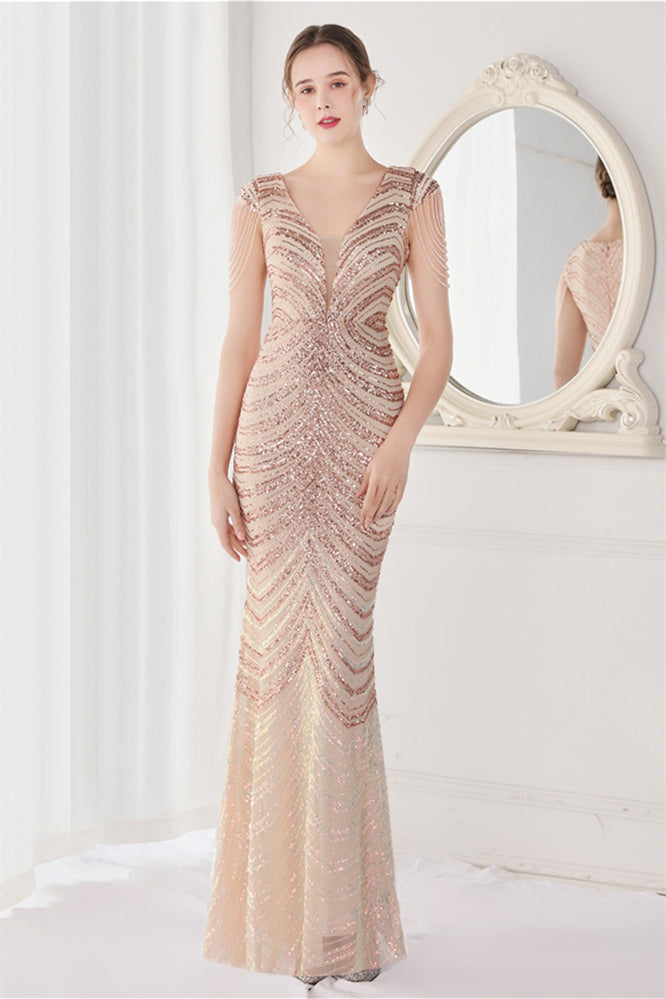 Fabulous V-Neck Evening Dress with Cap Sleeves and Mermaid Sequins Online-BallBride