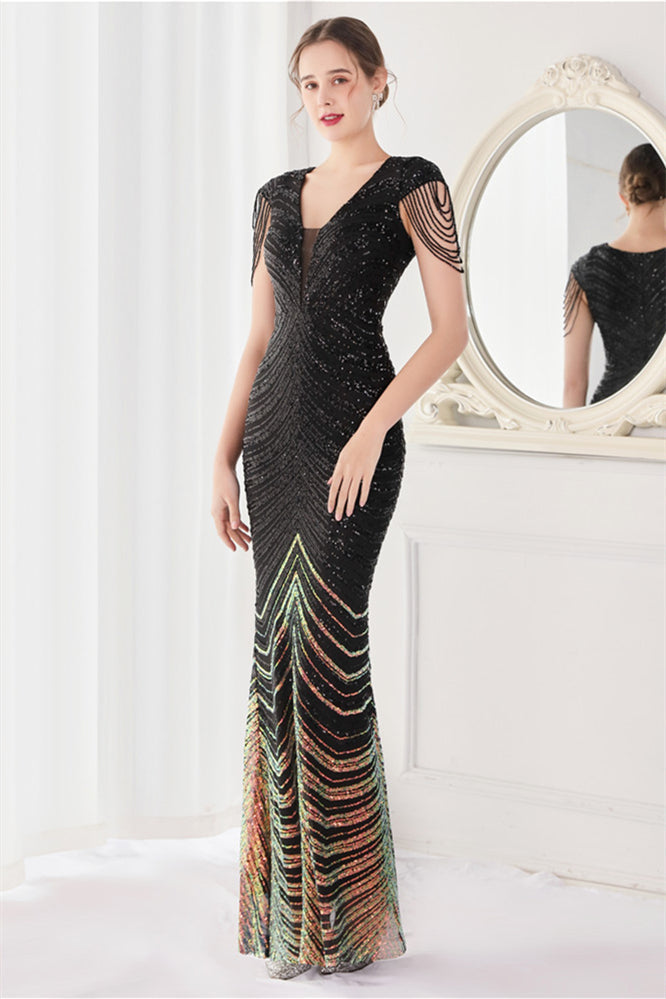 Fabulous V-Neck Evening Dress with Cap Sleeves and Mermaid Sequins Online-BallBride