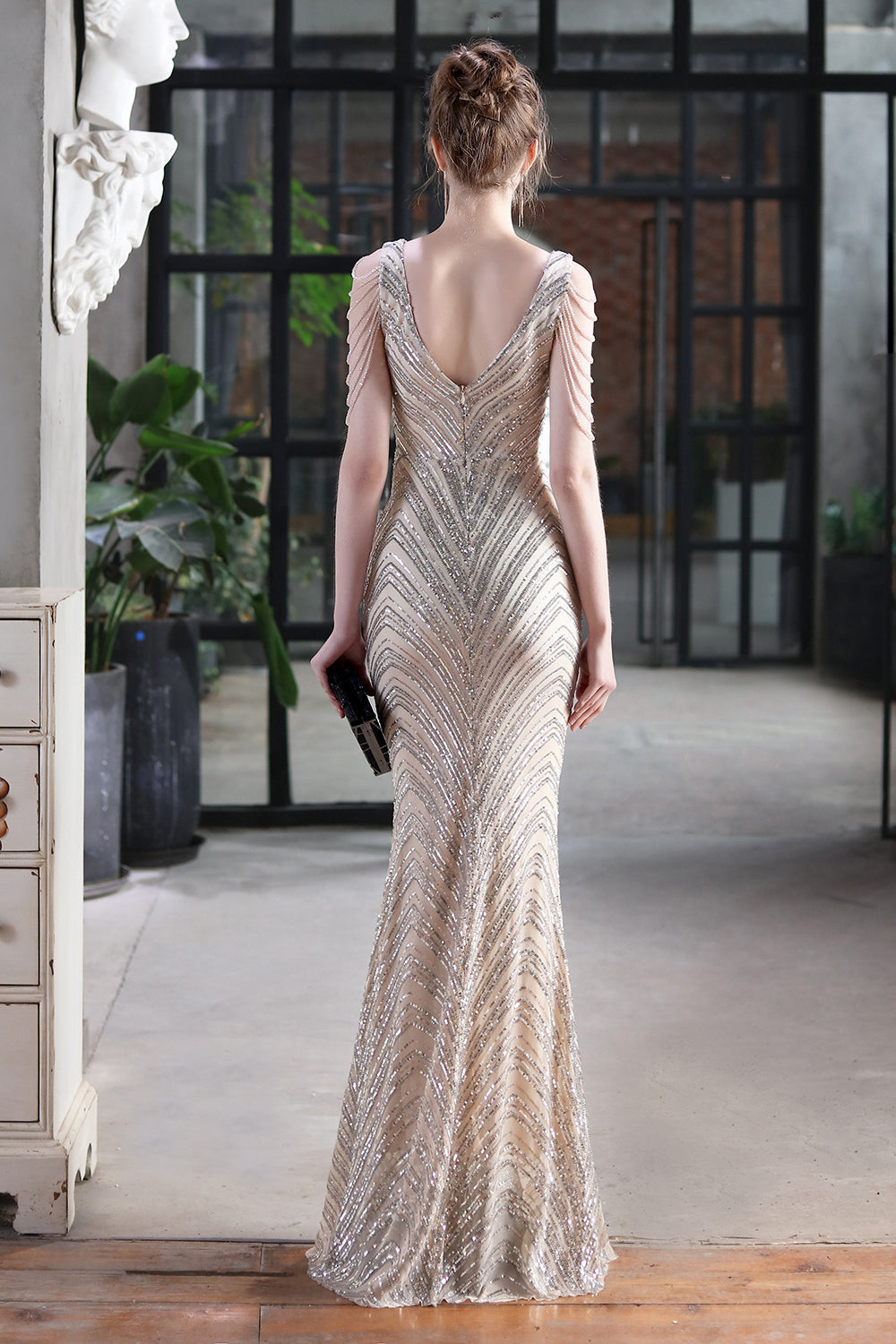 Fabulous V-Neck Mermaid Prom Dress With Long Sequins and Drop Beads on Shoulder-BallBride