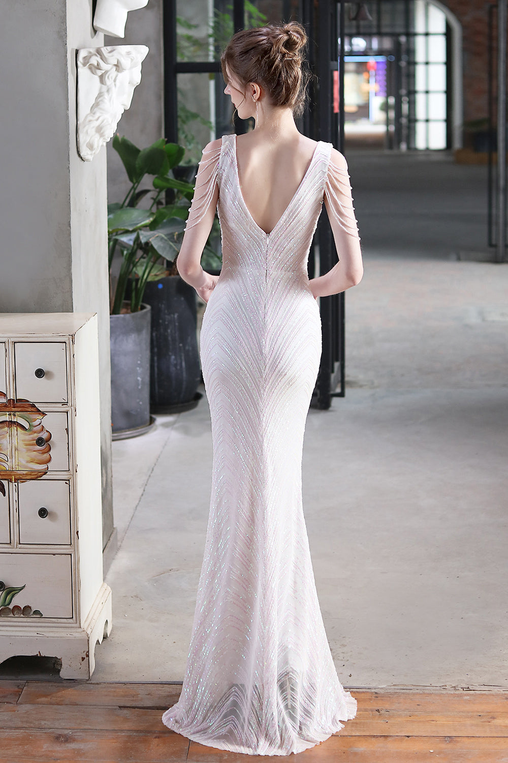 Fabulous V-Neck Mermaid Prom Dress With Long Sequins and Drop Beads on Shoulder-BallBride
