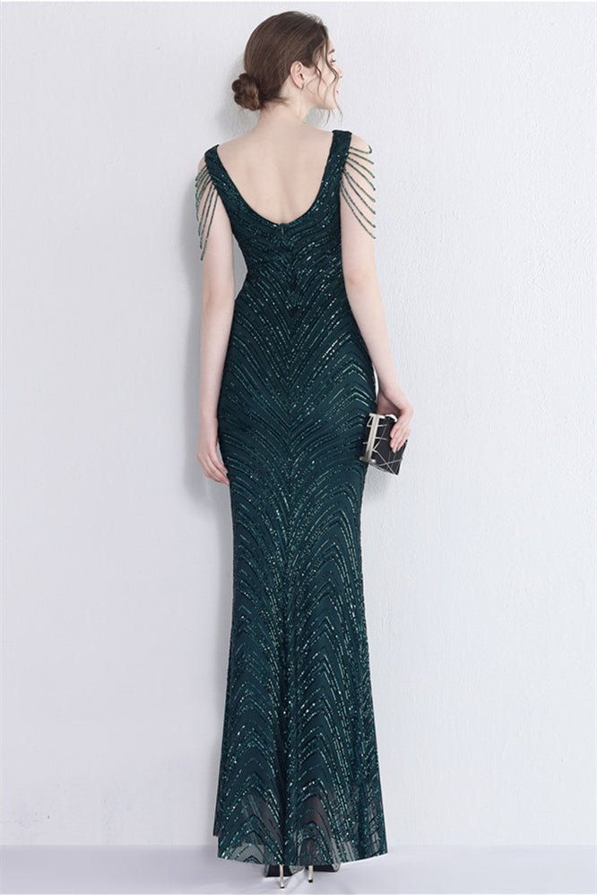 Fabulous V-Neck Mermaid Prom Dress With Long Sequins and Drop Beads on Shoulder-BallBride