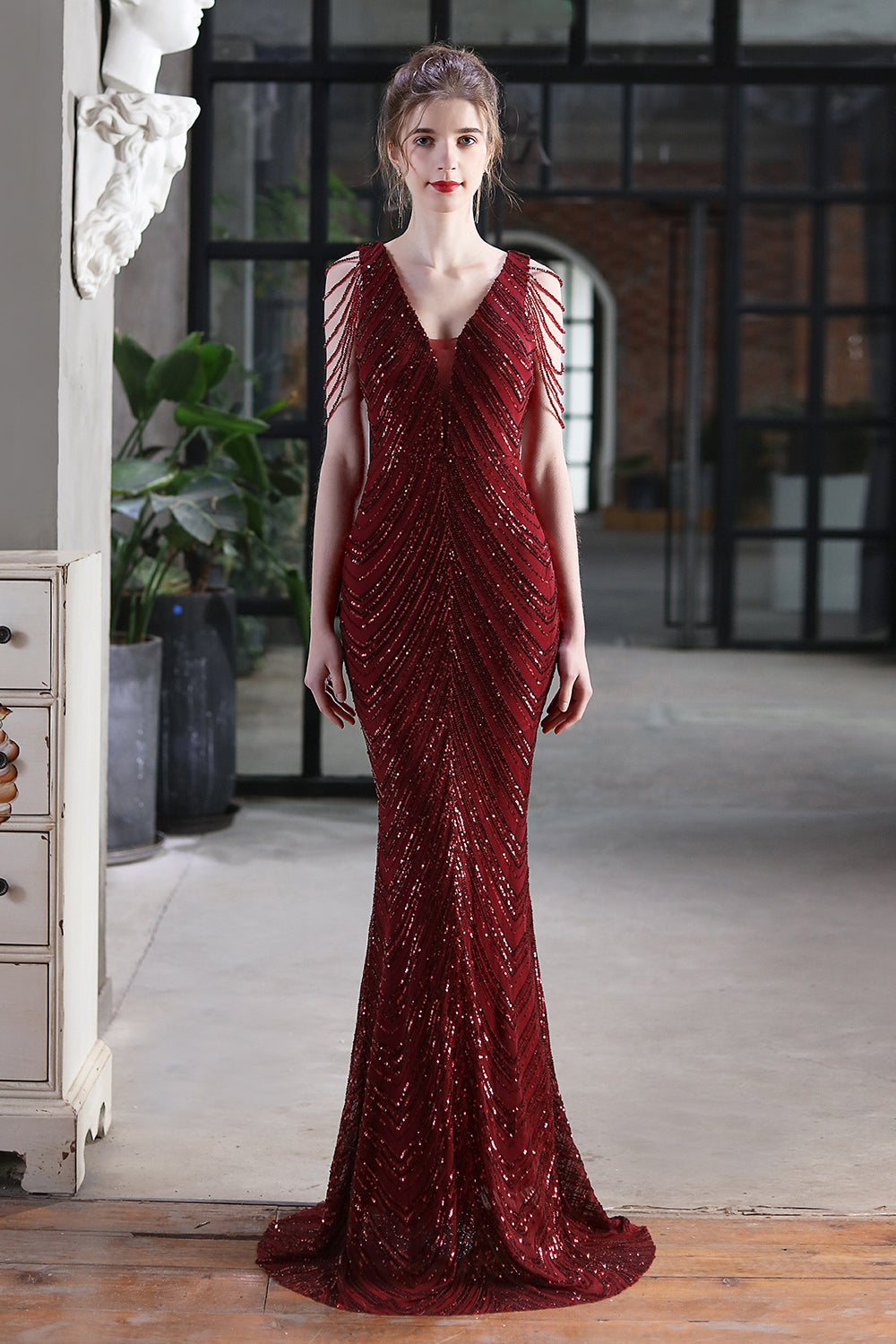 Fabulous V-Neck Mermaid Prom Dress With Long Sequins and Drop Beads on Shoulder-BallBride