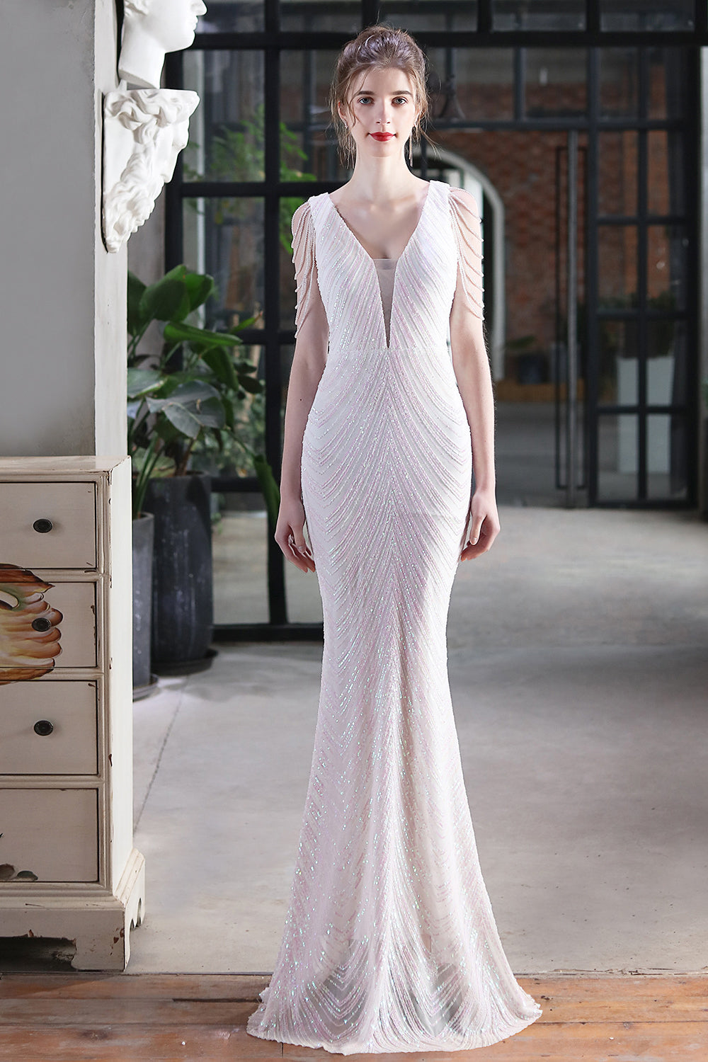 Fabulous V-Neck Mermaid Prom Dress With Long Sequins and Drop Beads on Shoulder-BallBride