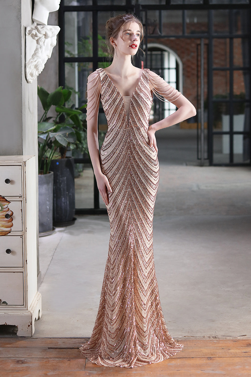 Fabulous V-Neck Mermaid Prom Dress With Long Sequins and Drop Beads on Shoulder-BallBride