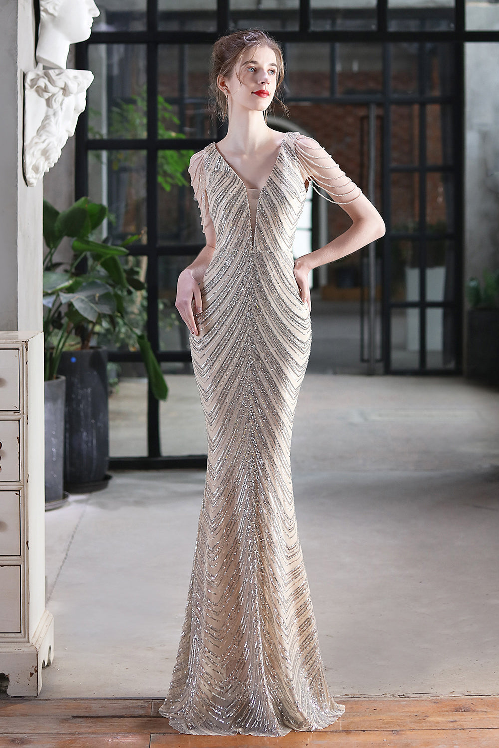 Fabulous V-Neck Mermaid Prom Dress With Long Sequins and Drop Beads on Shoulder-BallBride